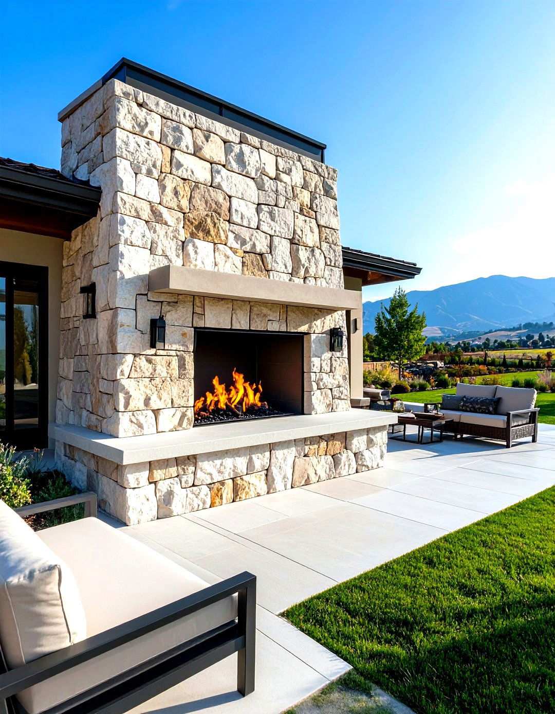 Rough Cut Stone Outdoor Fireplace with Massive Proportions - 24 Rustic Outdoor Fireplace Ideas
