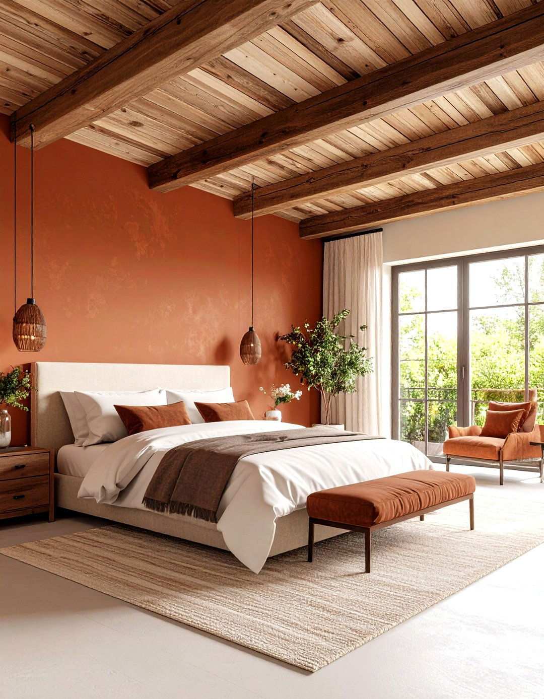 Rust Feature Ceiling with Wood Beams - 24 Rust Bedroom Ideas
