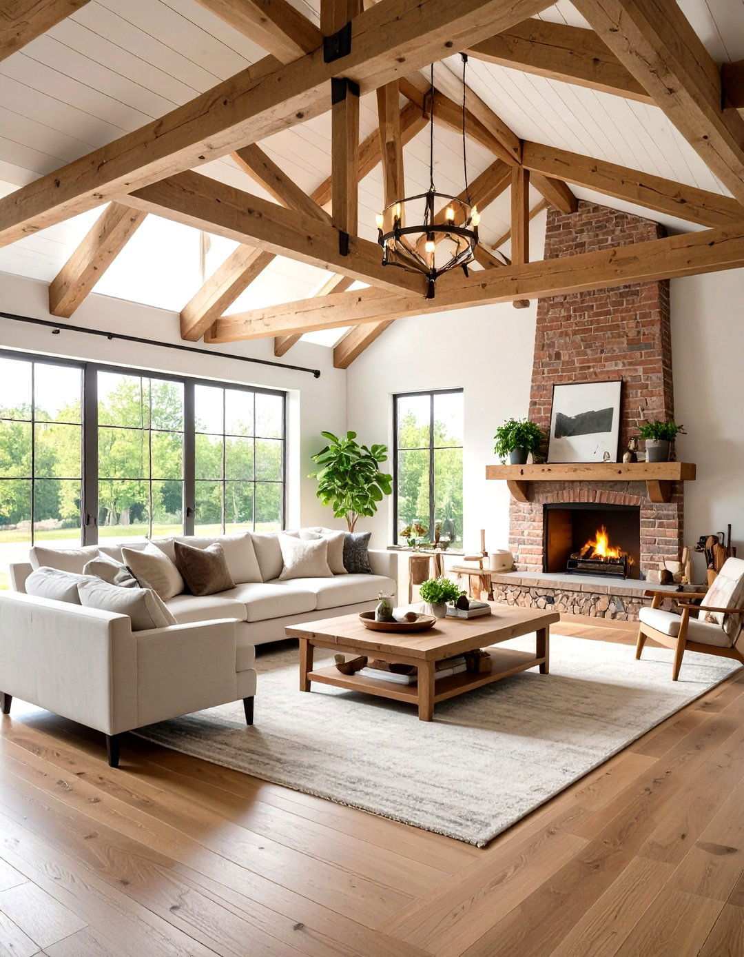 Rustic Beam Ceiling Integration - 24 Rustic Living Room With a Brick Fireplace Ideas