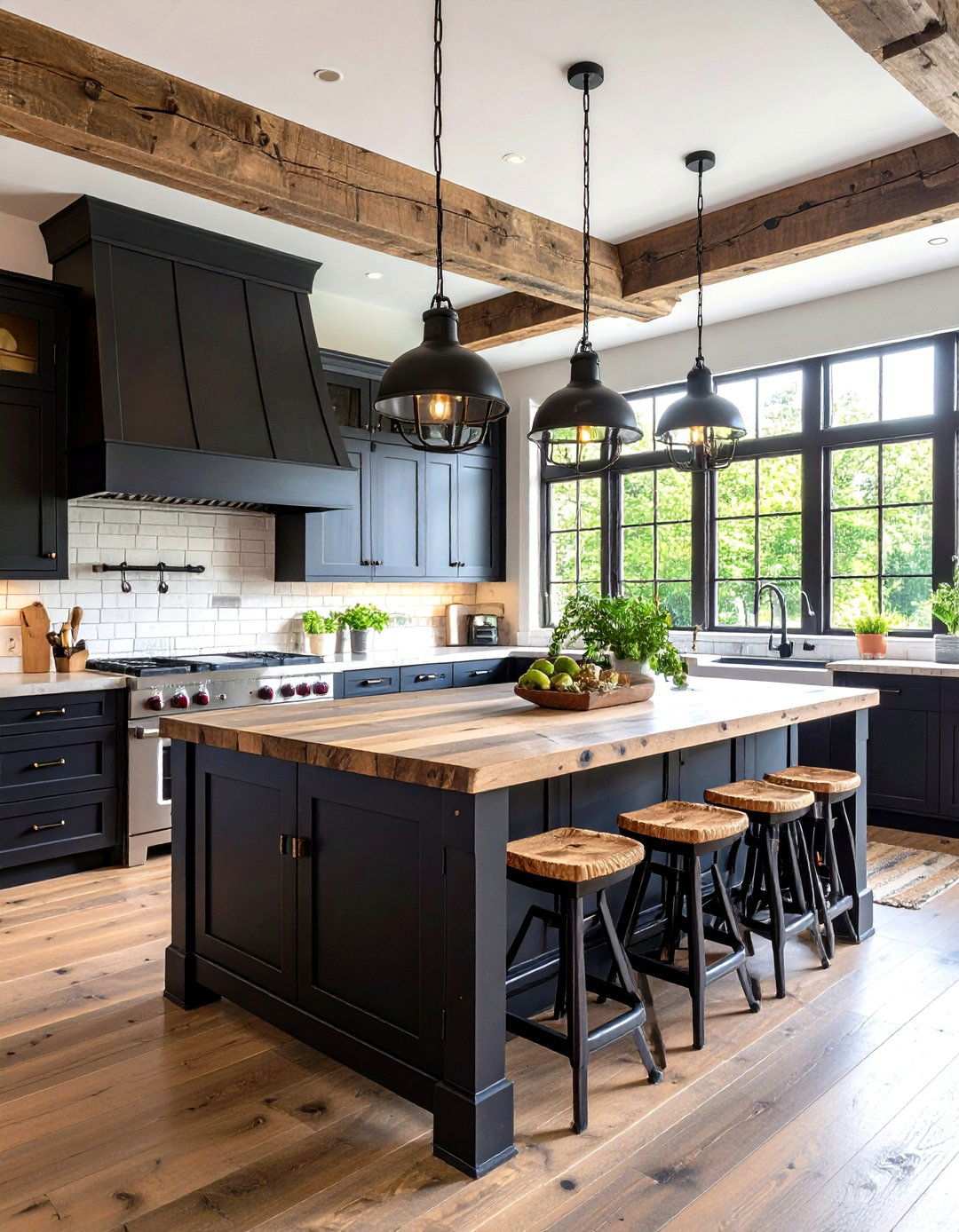 Rustic Black Cabinets with Reclaimed Barn Wood Countertops - 24 Kitchen With Black Cabinets And Wood Countertops Ideas