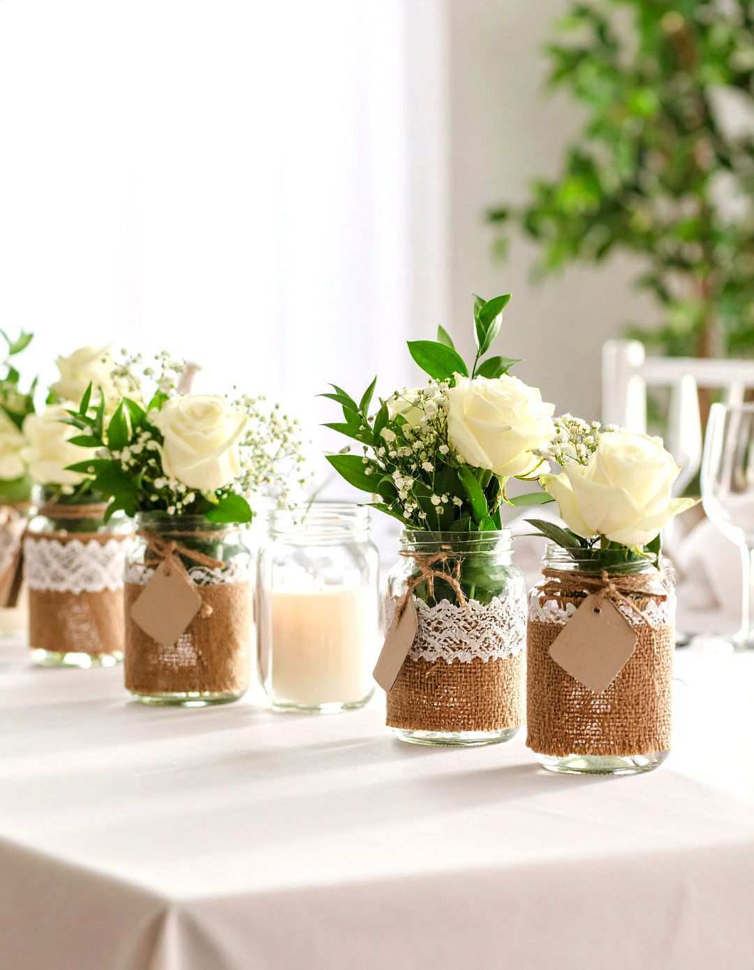 Rustic Burlap and Lace Wedding Centerpieces - 24 Mason Jar Centerpiece Ideas