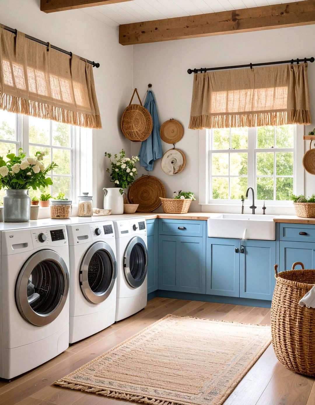 Rustic Burlap Valances with Fringe Trim Details - 24 Laundry Room Curtain Ideas