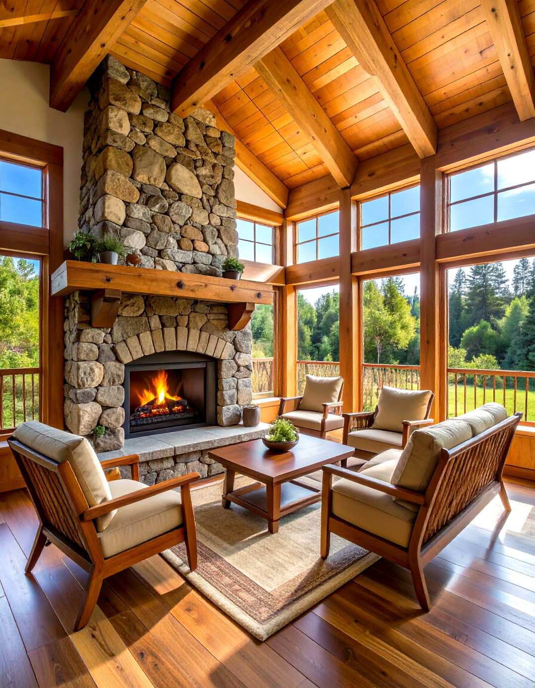 Rustic Cabin Style Fireplace - 24 Sunroom With Fireplace Ideas