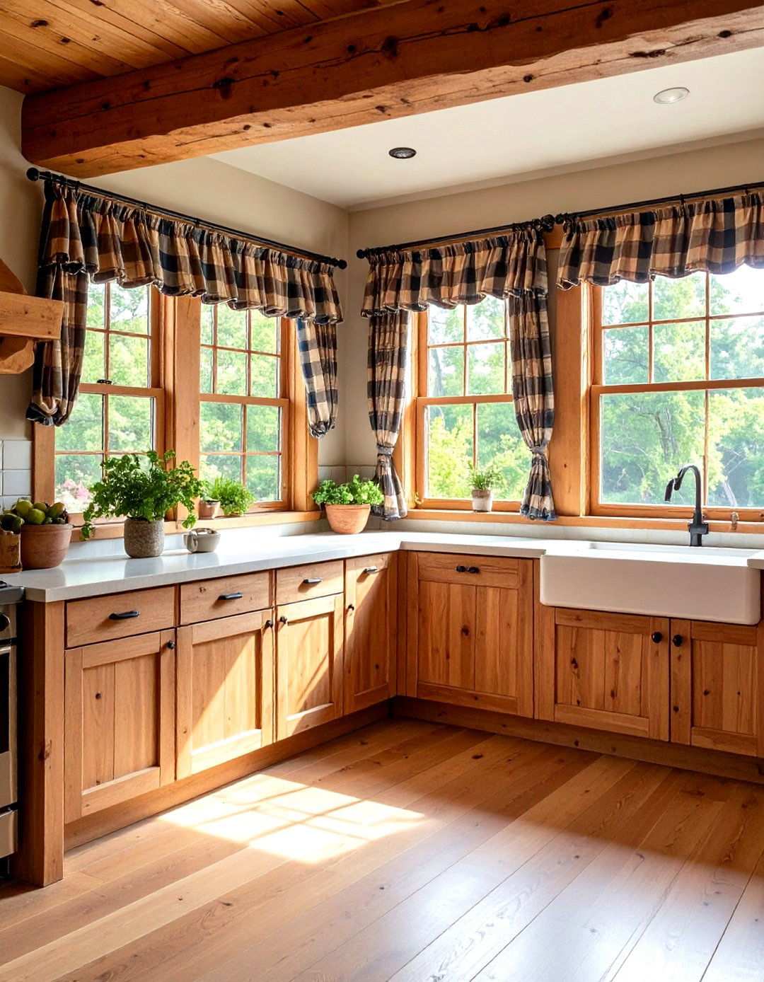 Rustic Cabin Style Log Valances with Plaid Panels - 24 Window Treatments Ideas