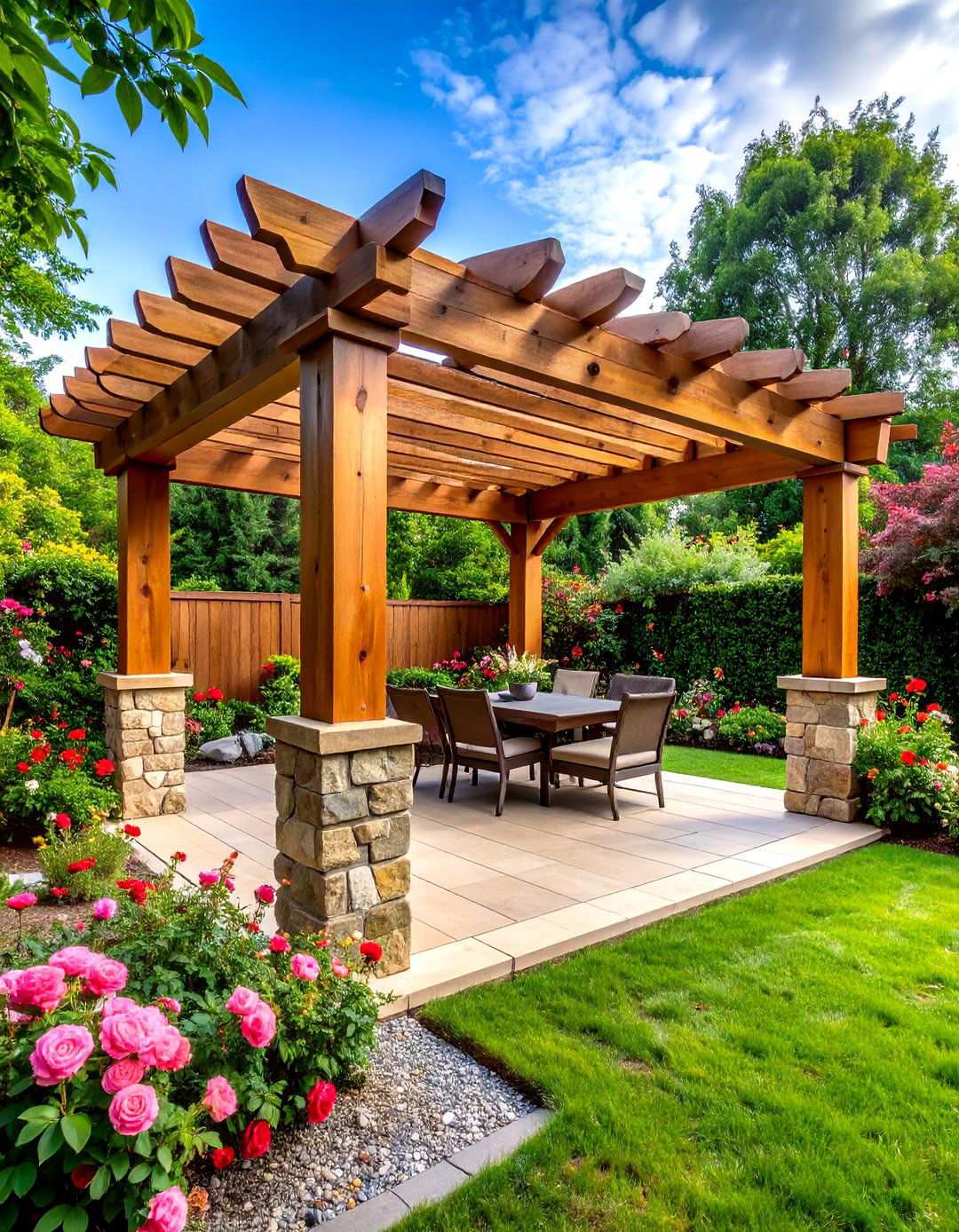 Rustic Cedar Pergola with Stone Pillars - 24 Small Patio Pergola Ideas