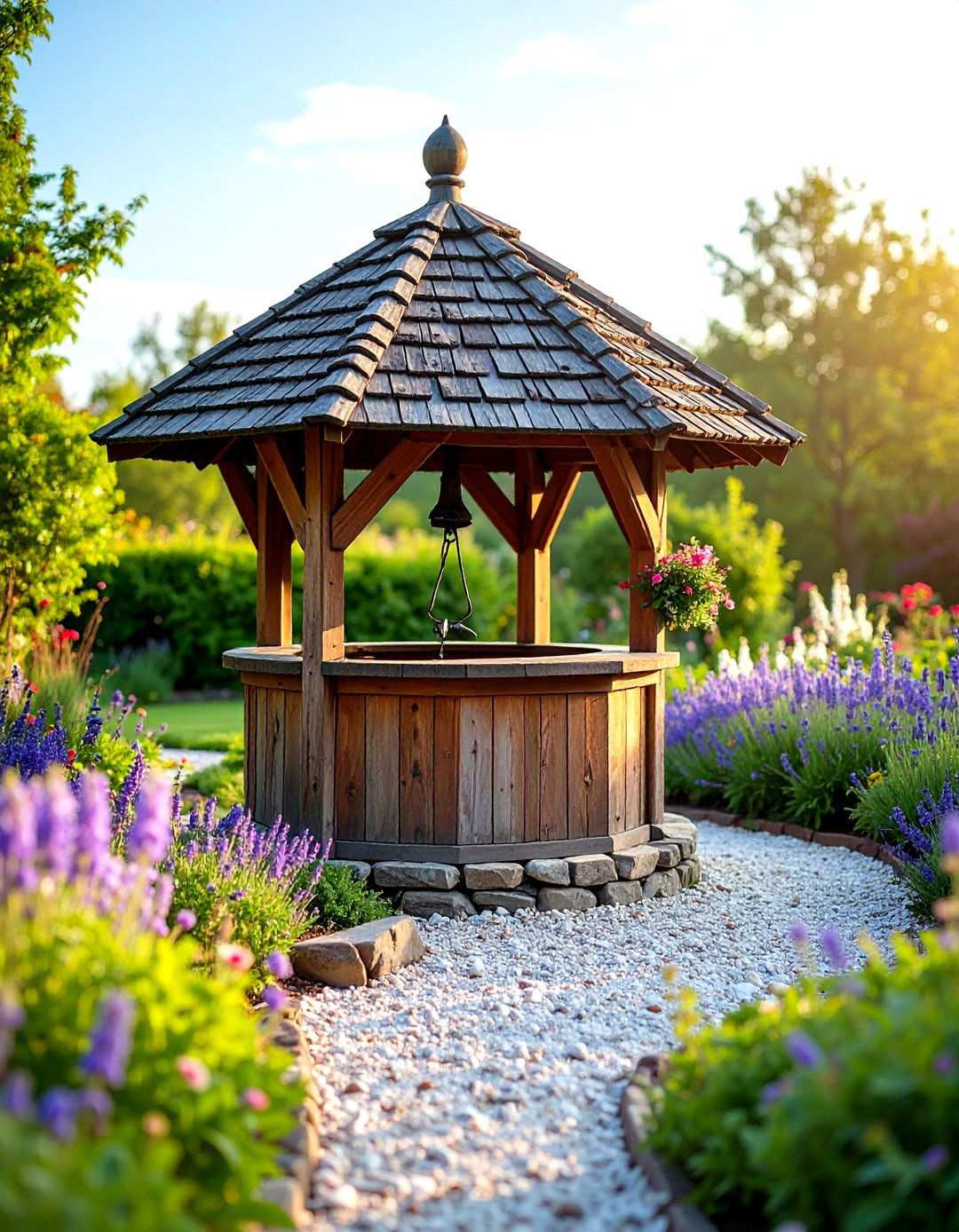 Rustic Cedar Wishing Well with Cottage Garden Surroundings - 24 Outdoor Wishing Well Garden Ideas