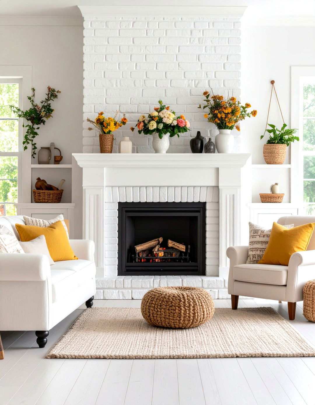 Rustic Cottage White Brick Fireplace - 24 White Brick Fireplace Ideas
