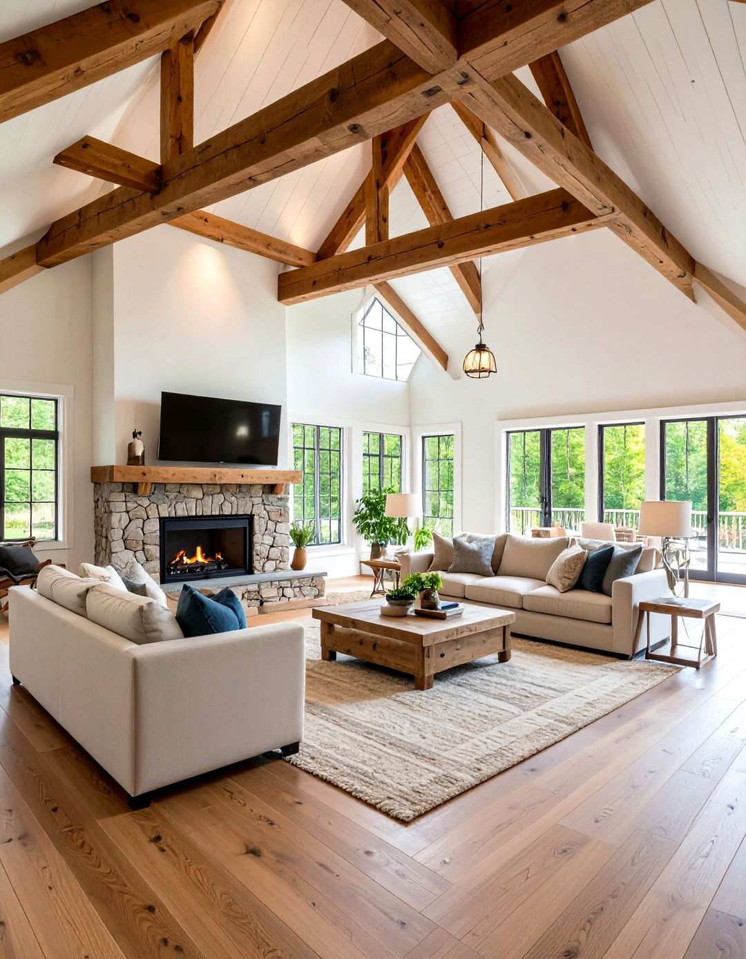 Rustic Exposed Beam Farmhouse Design - 24 Open Concept Vaulted Ceiling Living Room Ideas