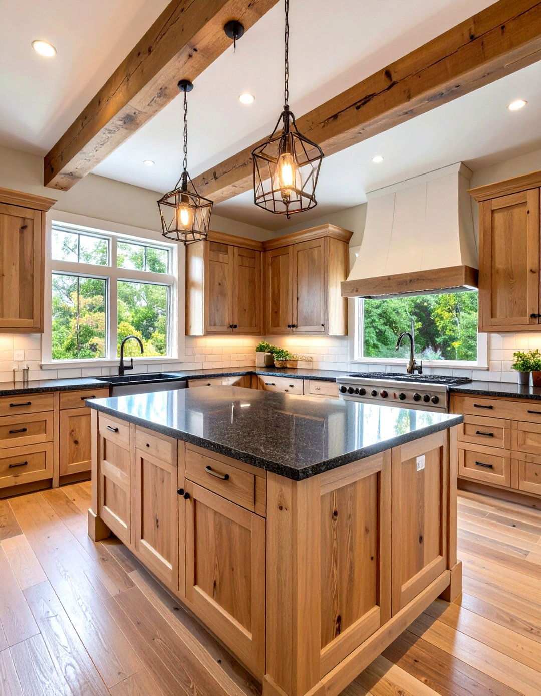 Rustic Farmhouse Kitchen with Reclaimed Brown Wood Cabinets - 24 kitchen with brown cabinets and black countertops ideas