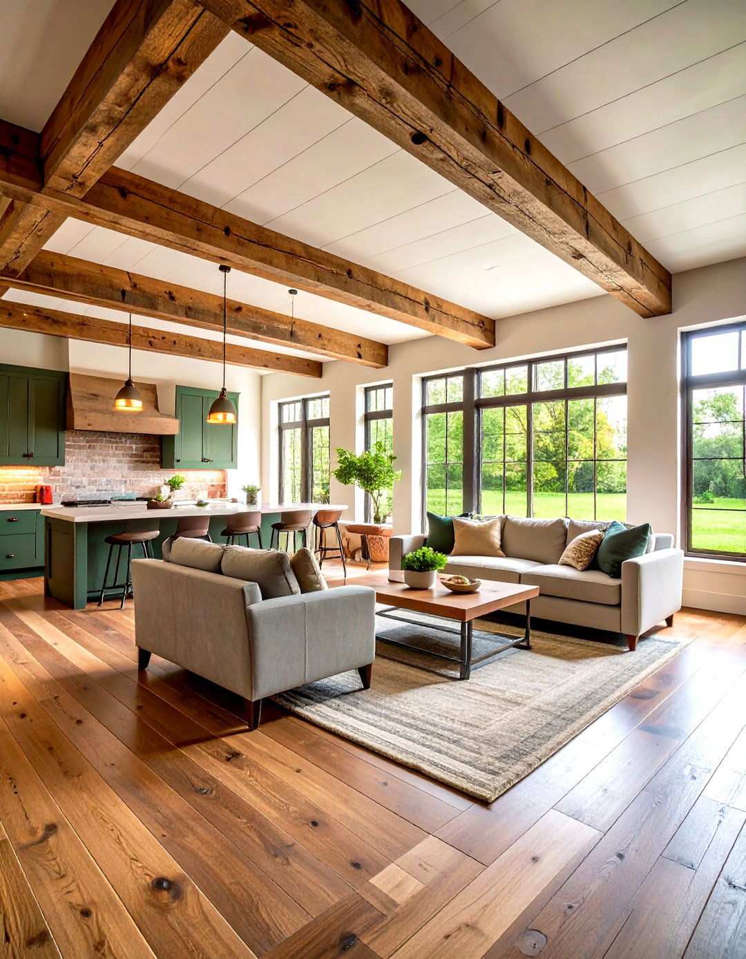 Rustic Farmhouse Open Floor Plan with Exposed Beams - 24 Open Floor Plan Ideas