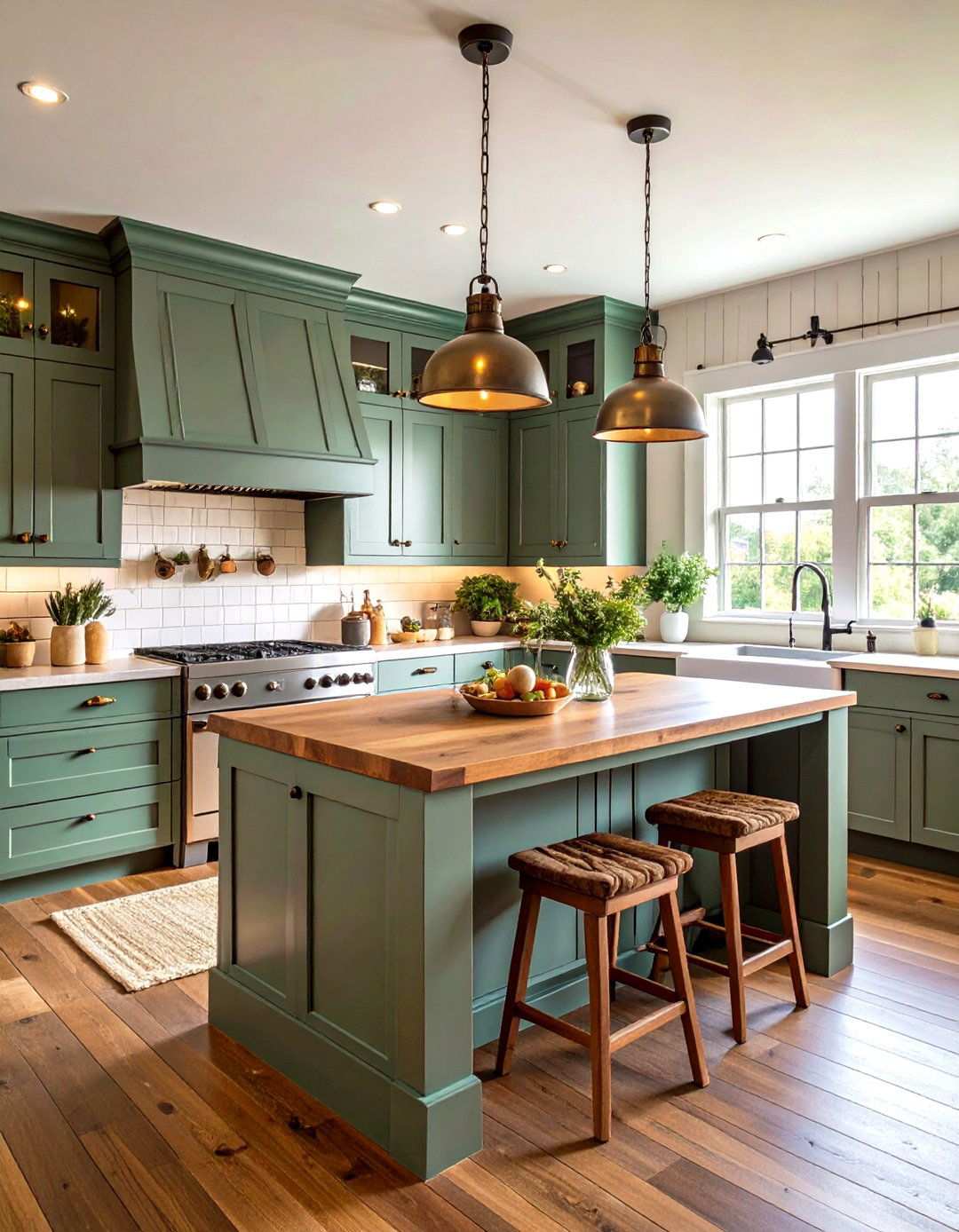 Rustic Farmhouse Sage Green Island with Butcher Block Countertops - 24 Sage Green Kitchen Island Ideas
