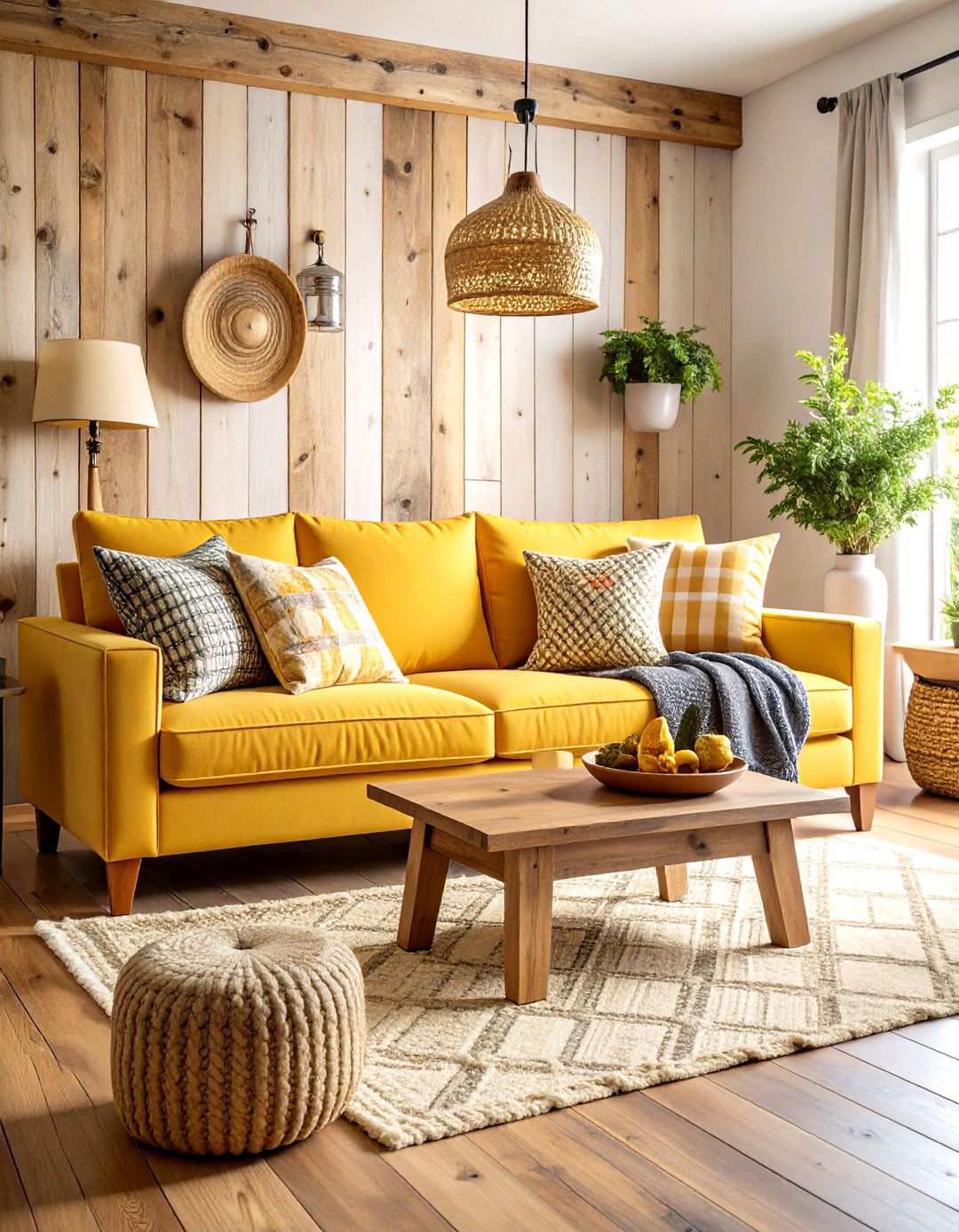 Rustic Farmhouse Yellow Sofa Space - 24 Yellow Couch Living Room Ideas