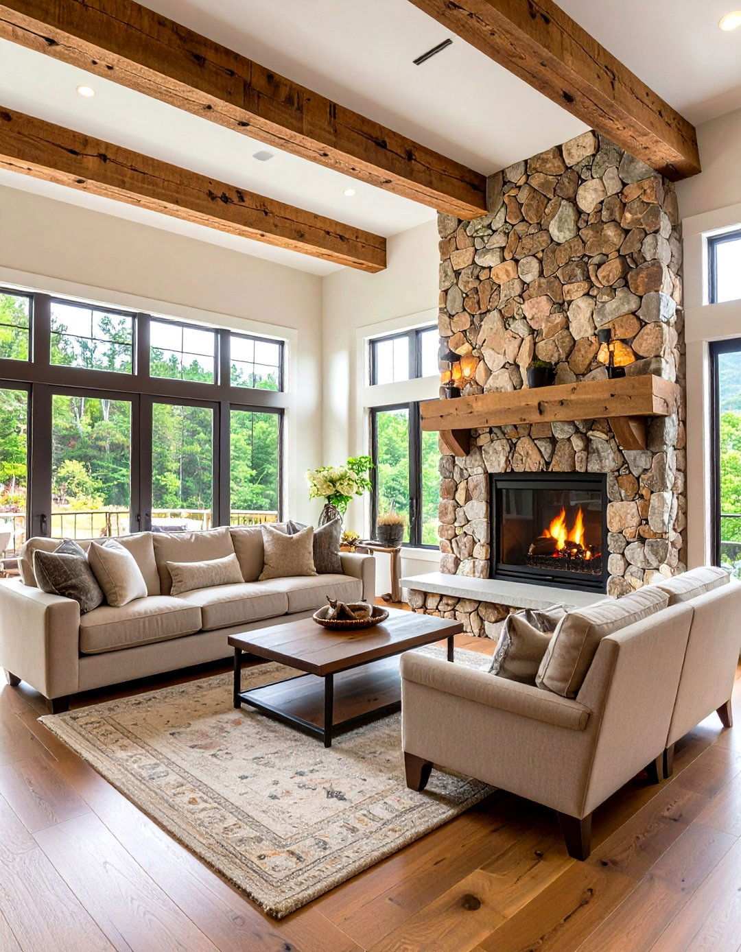 Rustic Fieldstone with Exposed Wood Beams - 24 Two-story Fireplace Ideas