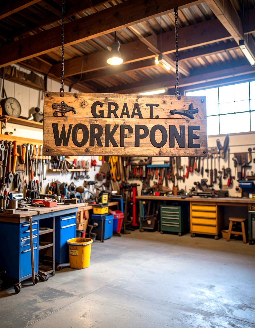 Rustic Garage Workshop Sign with Tool Graphics - 24 Man Cave Sign Ideas