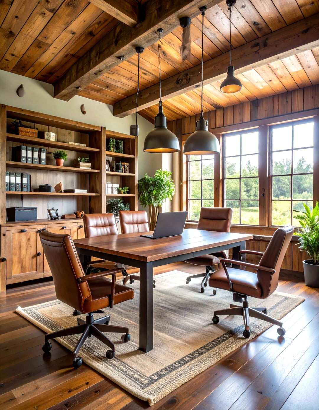 Rustic Home Office with Built in Barn Wood Shelving - 24 Rustic Barndominium Interior Design Ideas