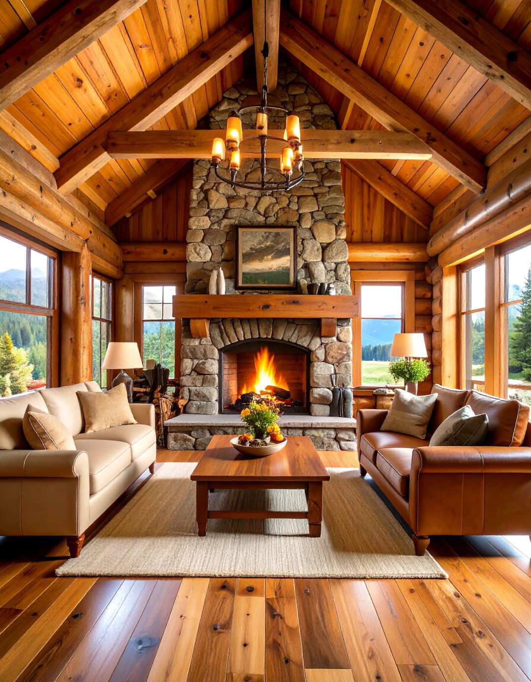 Rustic Log Cabin Fireplace With Timber Frame Ceiling - 24 Rooms With Fireplaces With Vaulted Ceilings Features