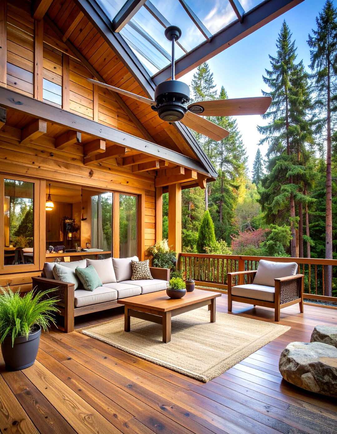 Rustic Log Cabin Patio Fan with Pine Cone Details - 24 Patio Fan Ideas