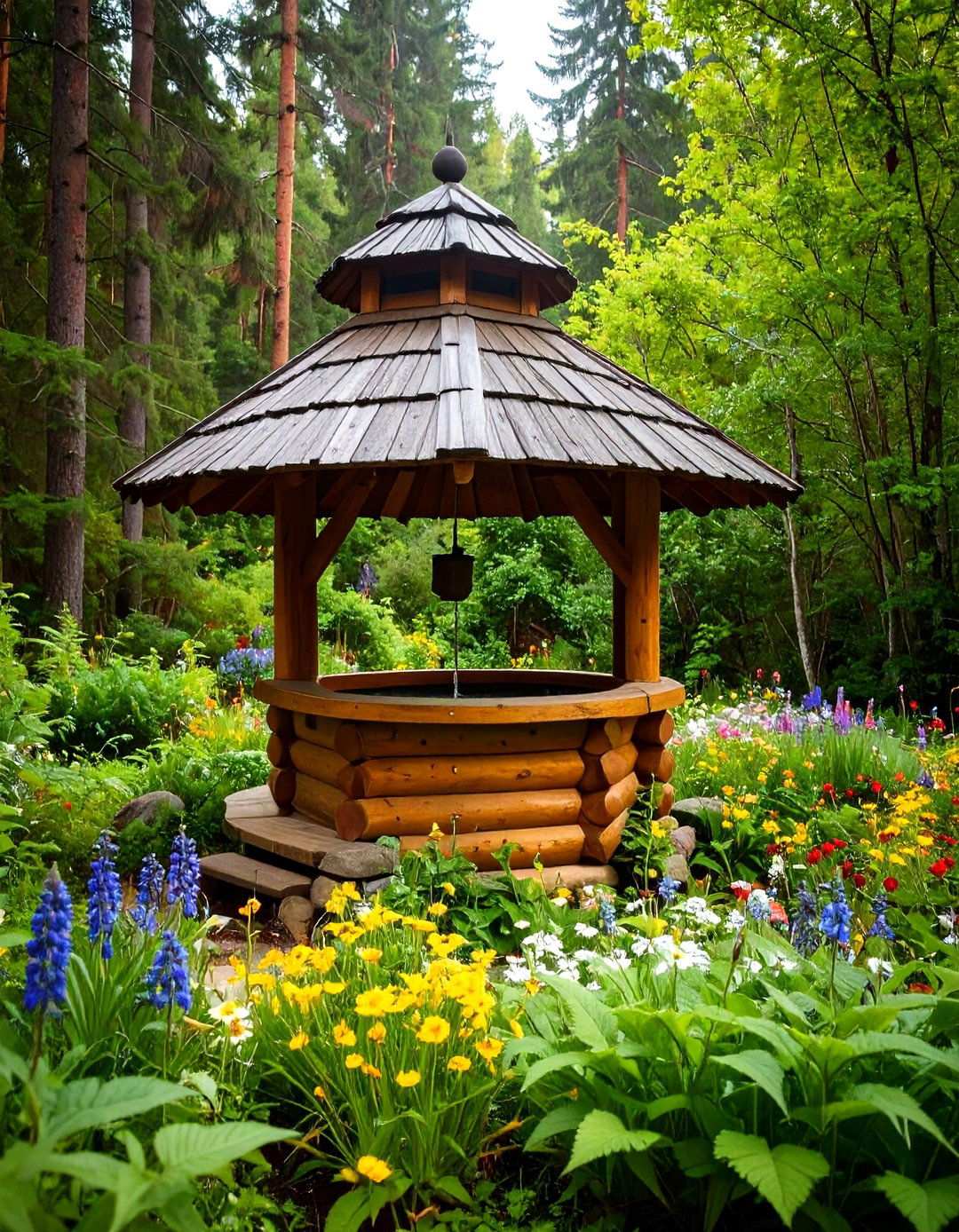 Rustic Log Cabin Wishing Well with Woodland Setting - 24 Outdoor Wishing Well Garden Ideas