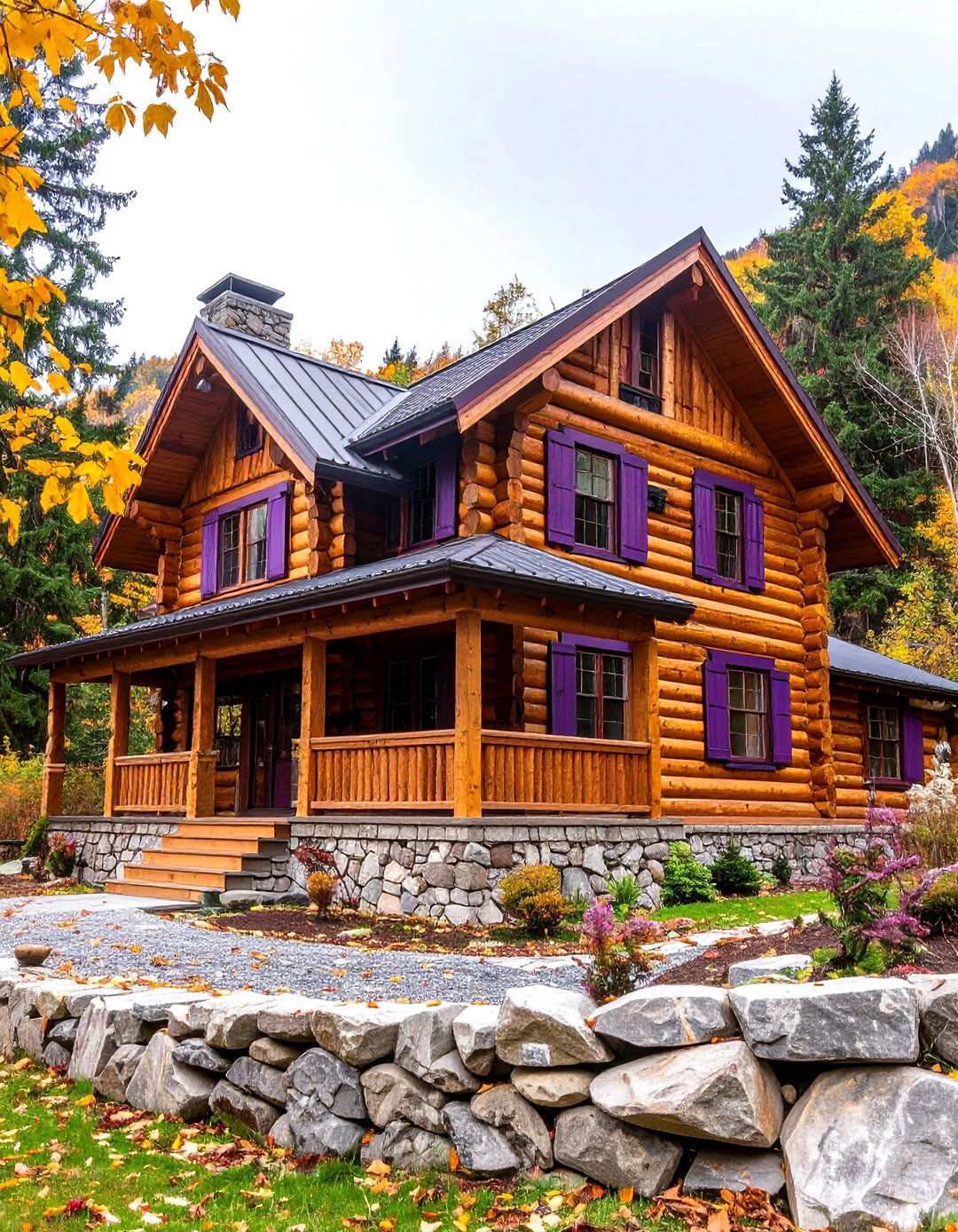 Rustic Log Home Violet Accents - 24 Purple House Exterior Ideas