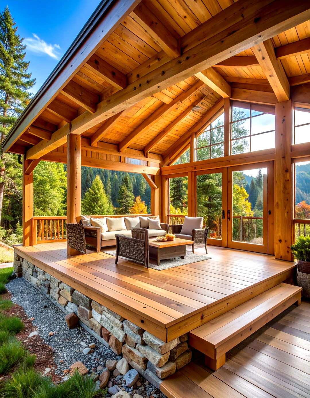 Rustic Log Style Sunroom with Natural Wood Deck - 24 Sunroom and Deck Combo Ideas