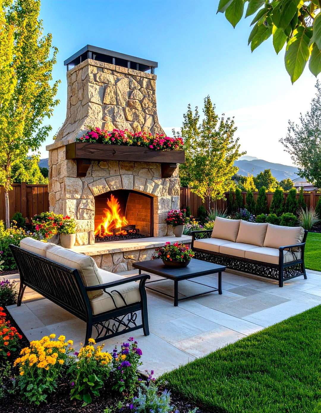 Rustic Outdoor Fireplace with Extended Hearth Seating - 24 Rustic Outdoor Fireplace Ideas