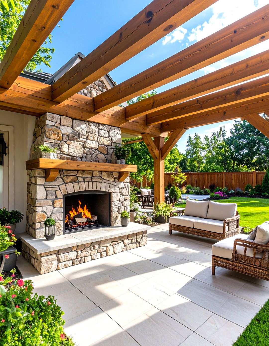 Rustic Outdoor Fireplace with Pergola Integration - 24 Rustic Outdoor Fireplace Ideas