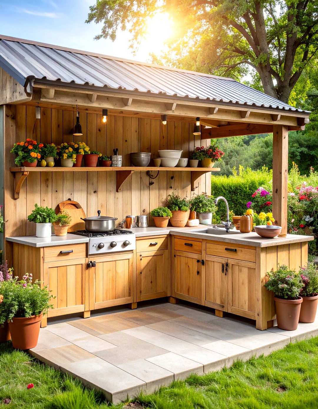 Rustic Pallet Mud Kitchen with Cedar Storage Shelves - 24 Mud Kitchen Ideas
