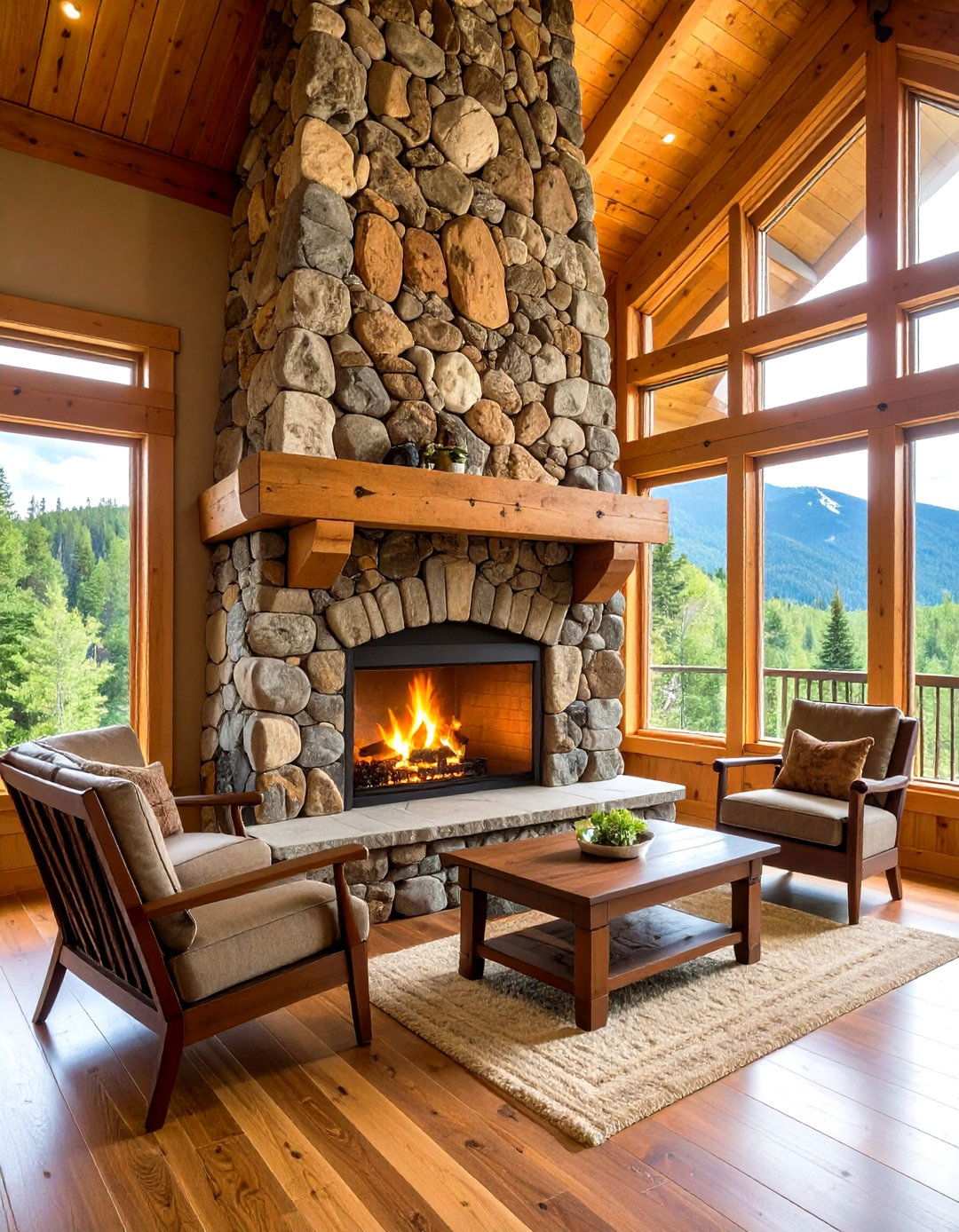 Rustic River Rock Lodge Style Fireplace - 24 River Rock Fireplace Ideas