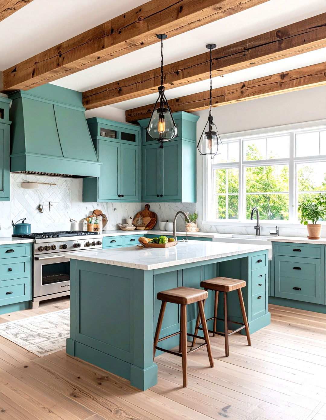 Rustic Seafoam Green Kitchen with Exposed Beams - 24 Seafoam Green Kitchen Ideas