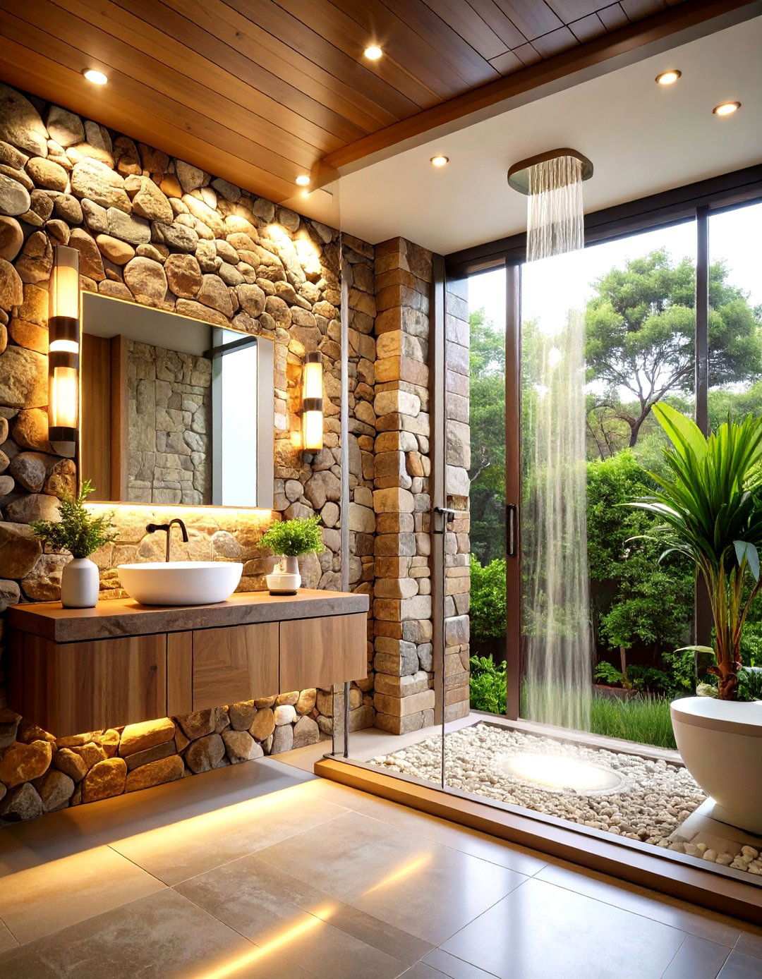 Rustic Stone Accent Wall Feature - 24 Small Bathroom Walk in Shower Ideas