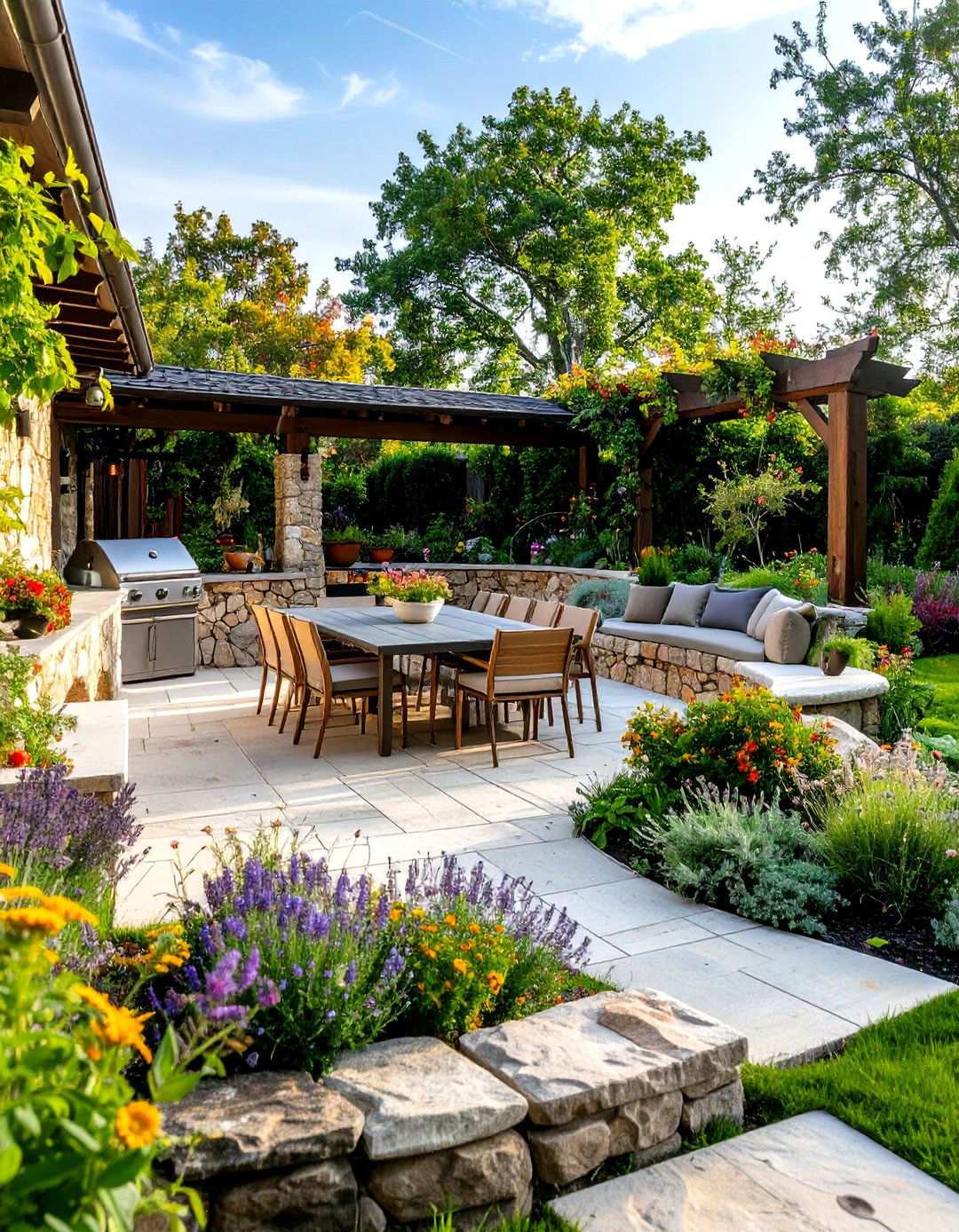 Rustic Stone Semi Circle Patio with Outdoor Kitchen - 24 Semi Circle Patio Ideas and Inspiration