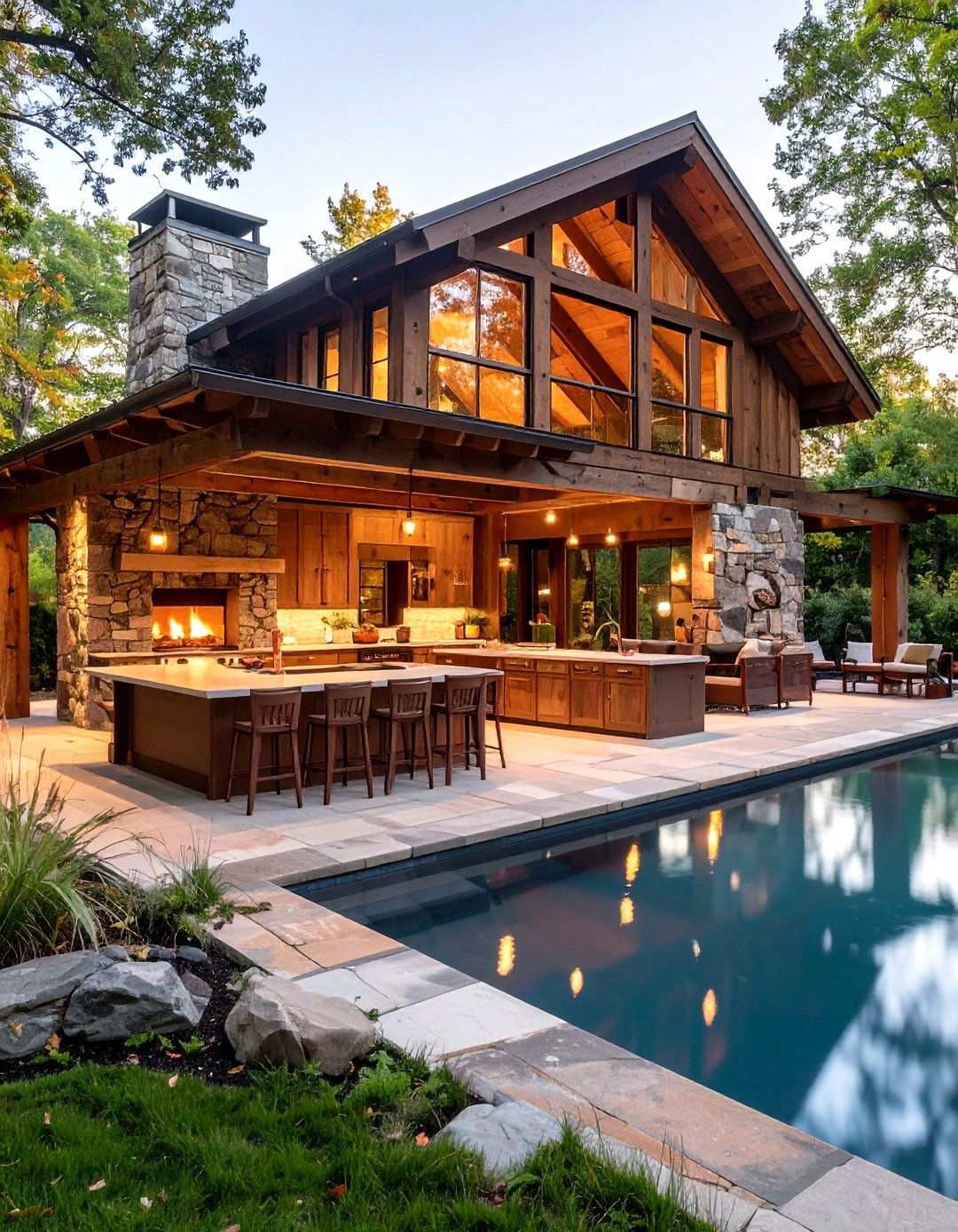 Rustic Timber Frame Pool House with Outdoor Hearth Kitchen - 24 Pool House With Outdoor Kitchen Ideas