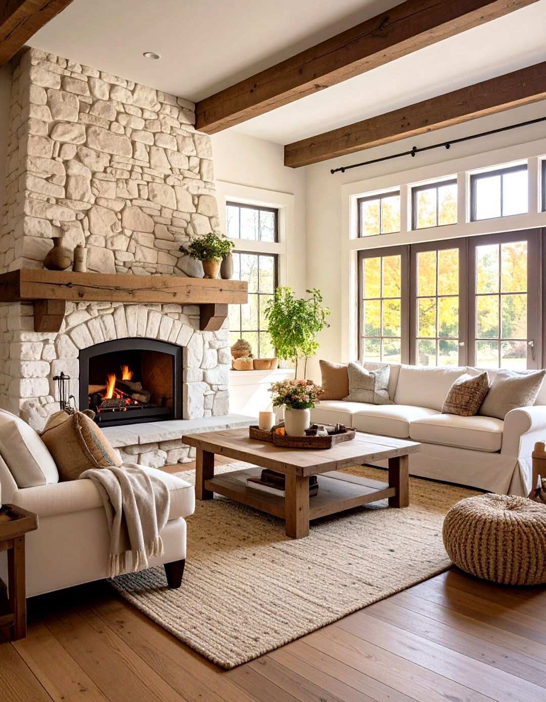 Rustic White Fieldstone Country Style - 24 White Stone Fireplace Ideas