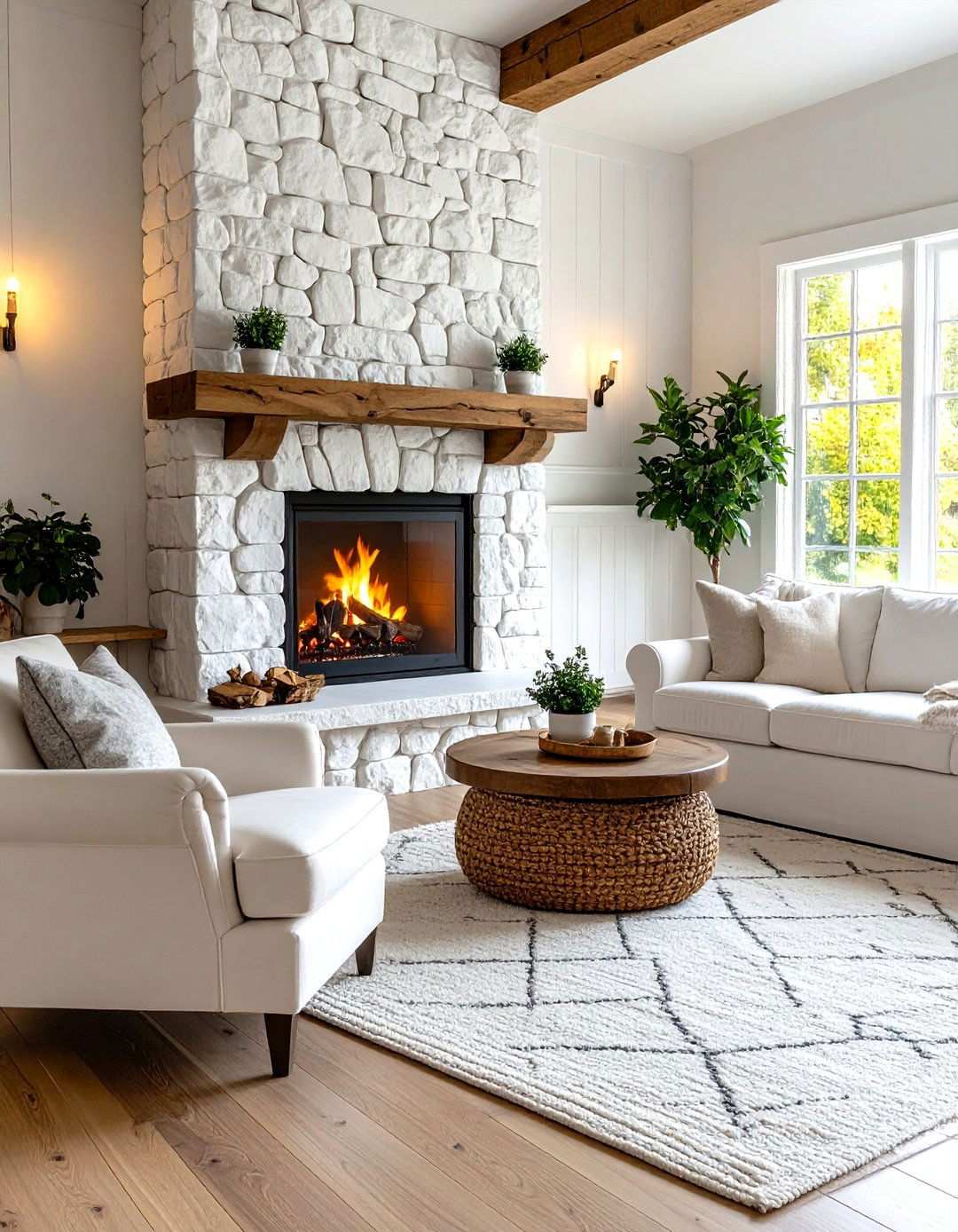 Rustic White Ledgestone Design - 24 White Stone Fireplace Ideas