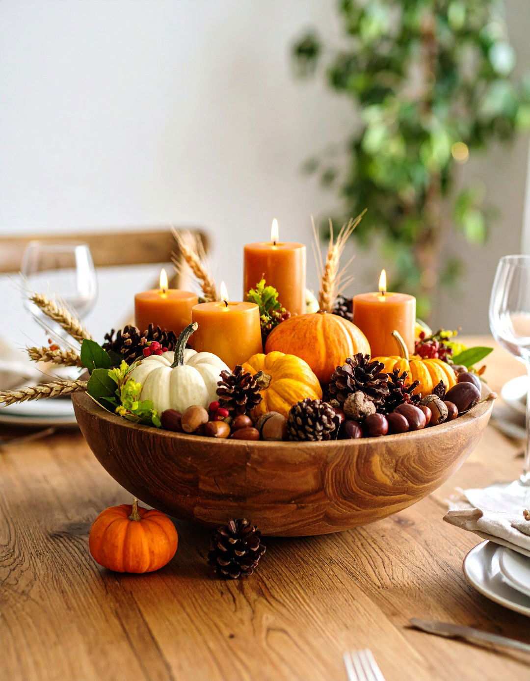 Rustic Wood Bowl Displays - 24 Thanksgiving Centerpiece Ideas
