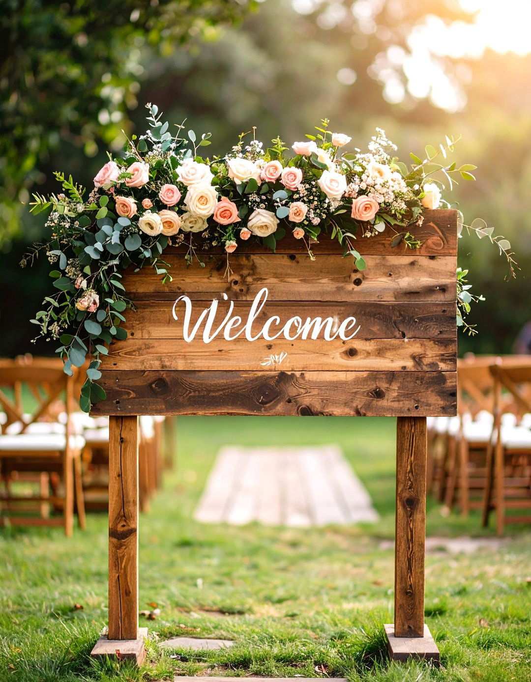 Rustic Wooden Wedding Welcome Sign with Hand Painted Florals - 24 Wedding Welcome Sign Ideas
