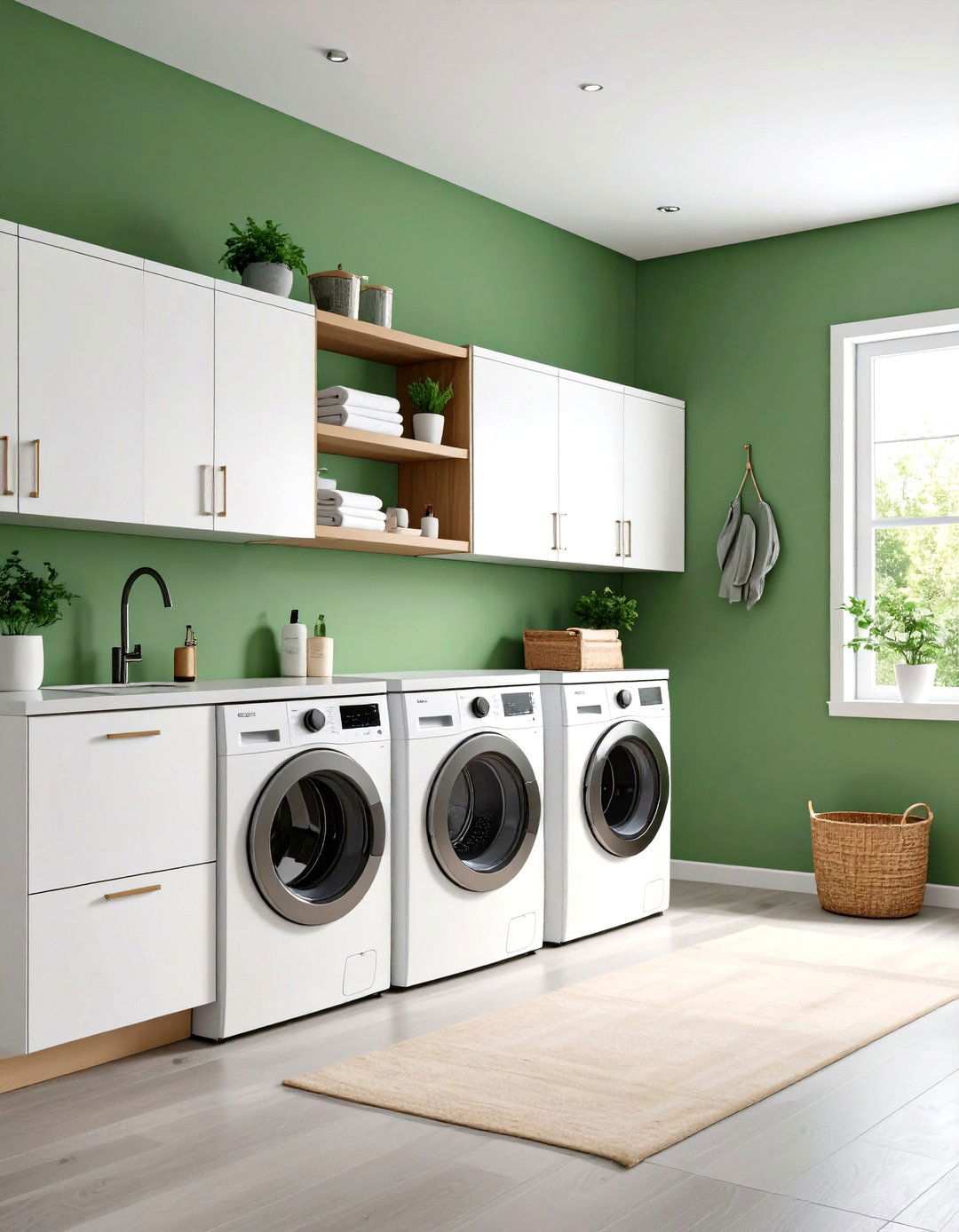 Sage Green Accent Wall with White Cabinetry - 24 Sage Green Laundry Room Ideas
