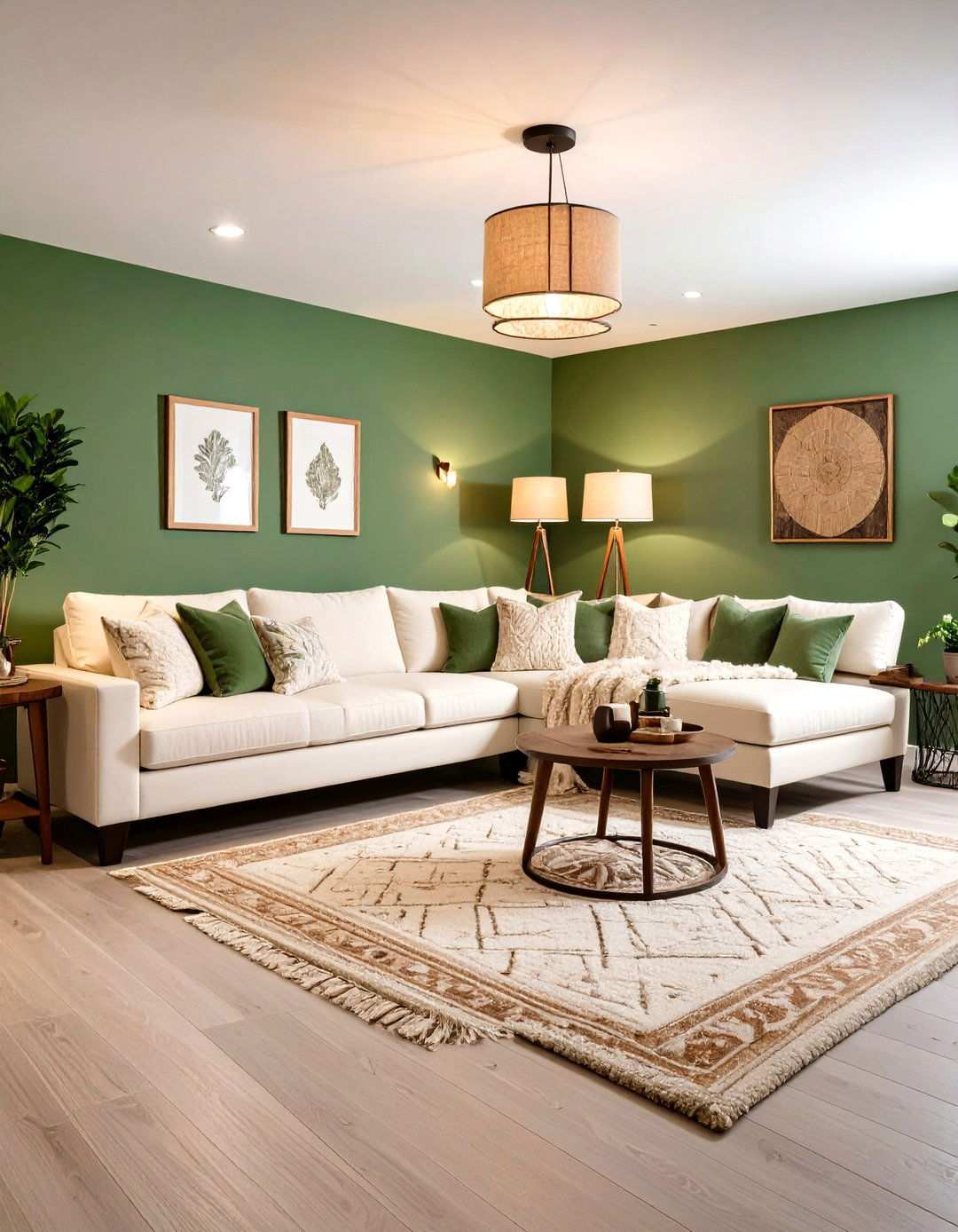 Sage Green Basement with Cozy Seating Area - 24 Sage Green Paint Color Ideas