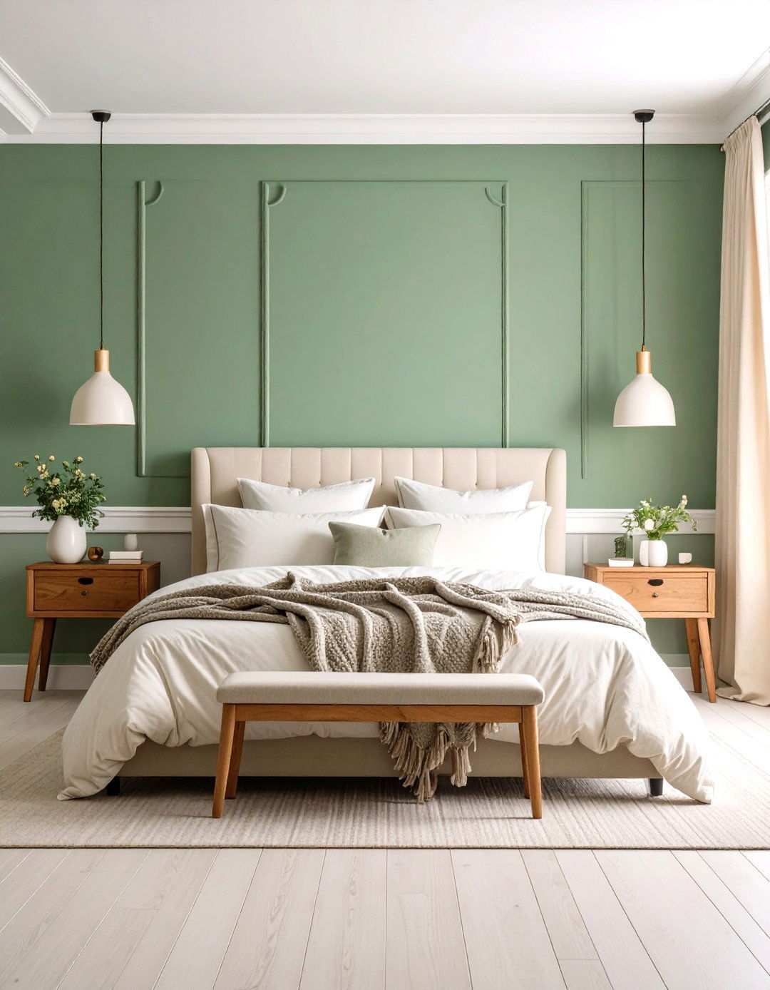 Sage Green Bedroom with Warm White Trim - 24 Sage Green Paint Color Ideas