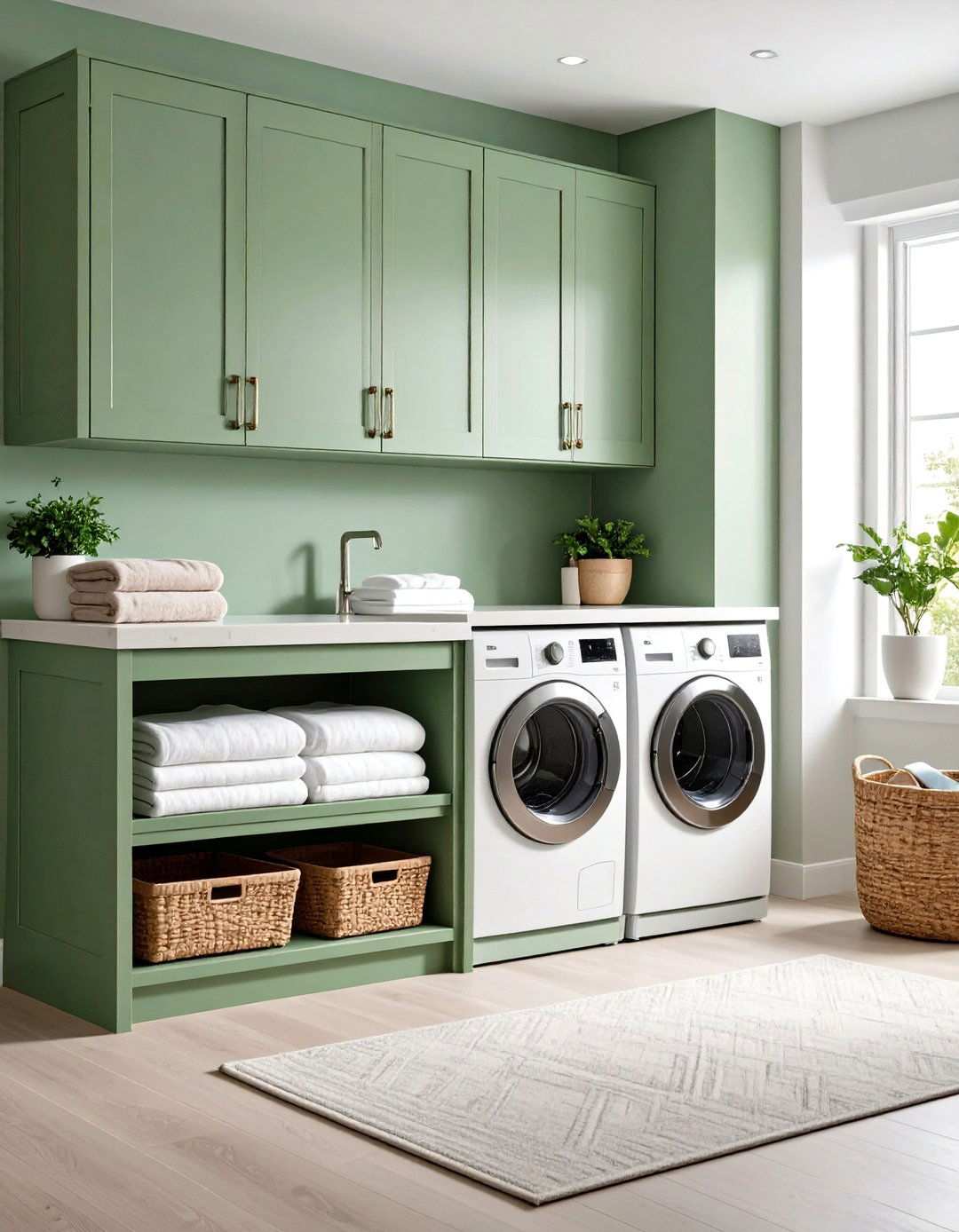 Sage Green Built in Storage Bench - 24 Sage Green Laundry Room Ideas