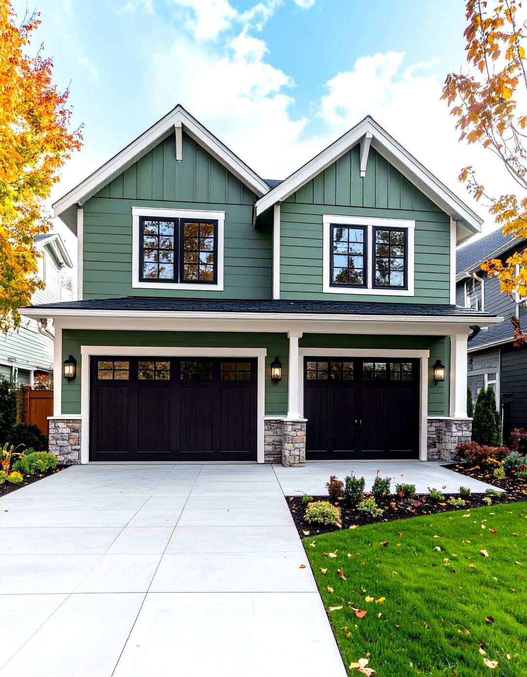 Sage Green Carriage House with Black Garage Doors - 24 Sage Green House With Black Door