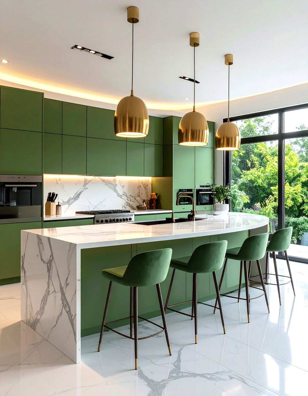 Sage Green Curved Island with Waterfall Marble Edge - 24 Sage Green Kitchen Island Ideas