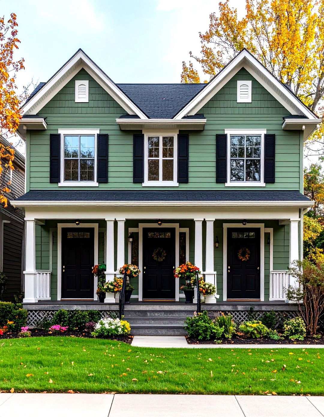 Sage Green Duplex with Coordinated Black Doors - 24 Sage Green House With Black Door