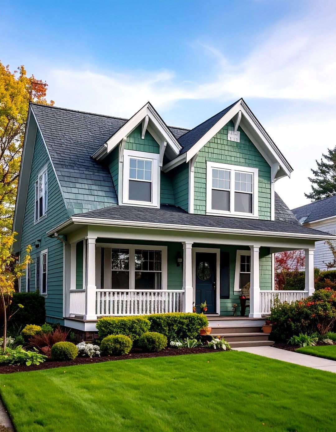 Sage Green Exterior With Black Dormer and Gable Accents - 24 Sage Green House With Black Trim Ideas