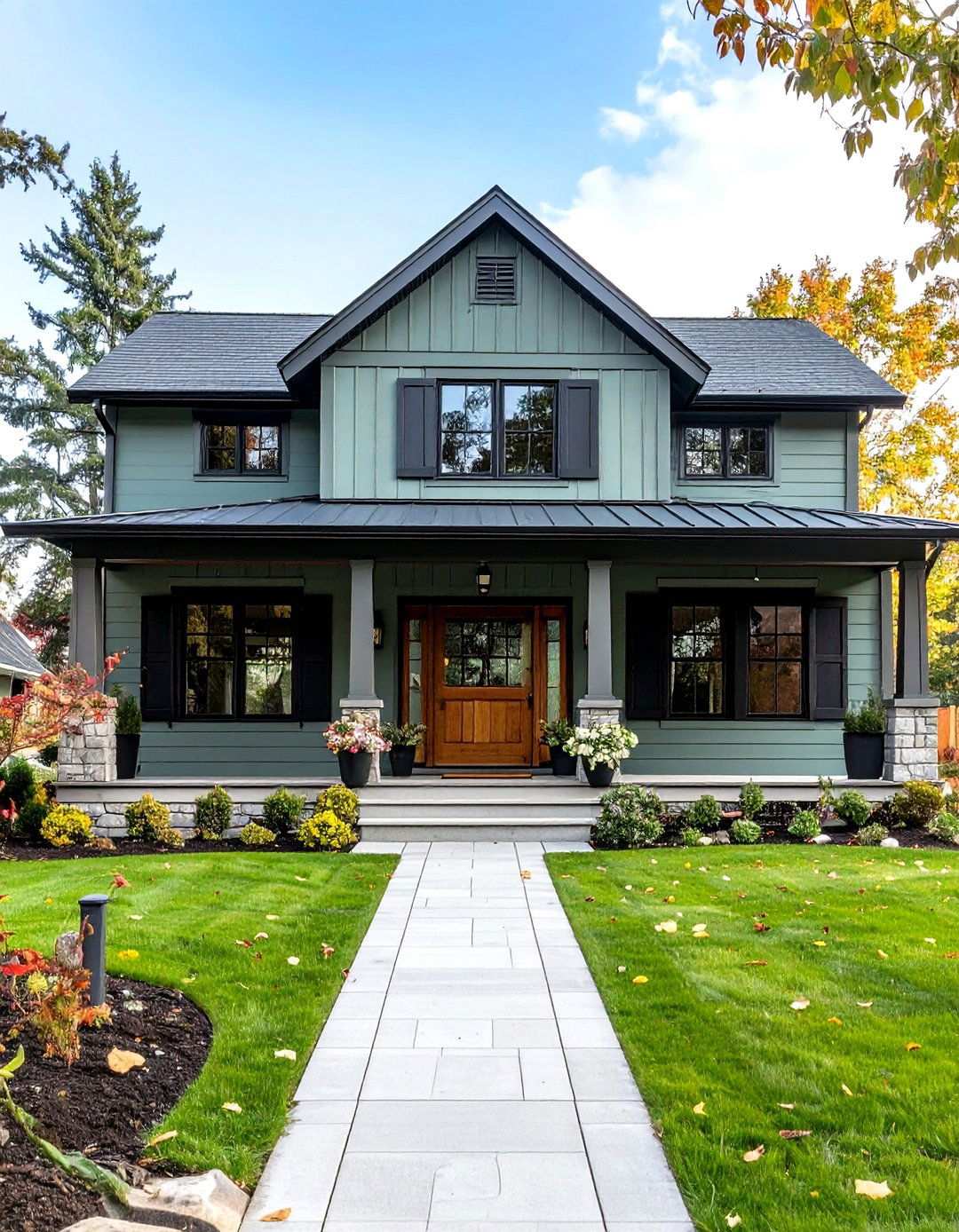 Sage Green Exterior With Black Trim and Cedar Elements - 24 Sage Green House With Black Trim Ideas