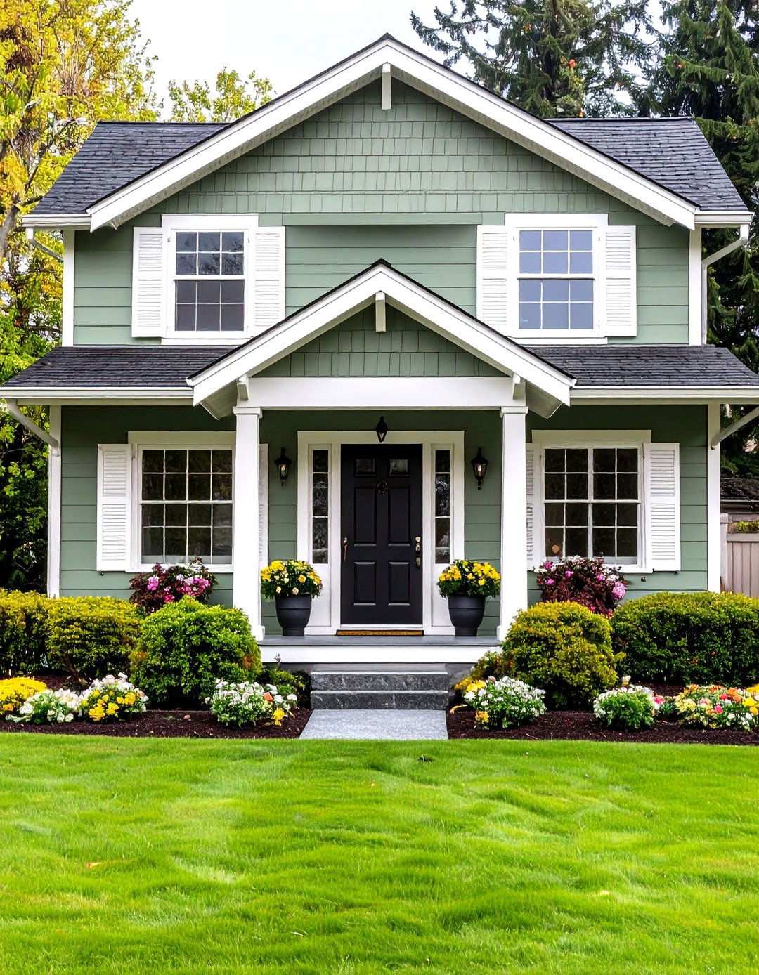 Sage Green Exterior with White Shutters - 24 Sage Green Paint Color Ideas