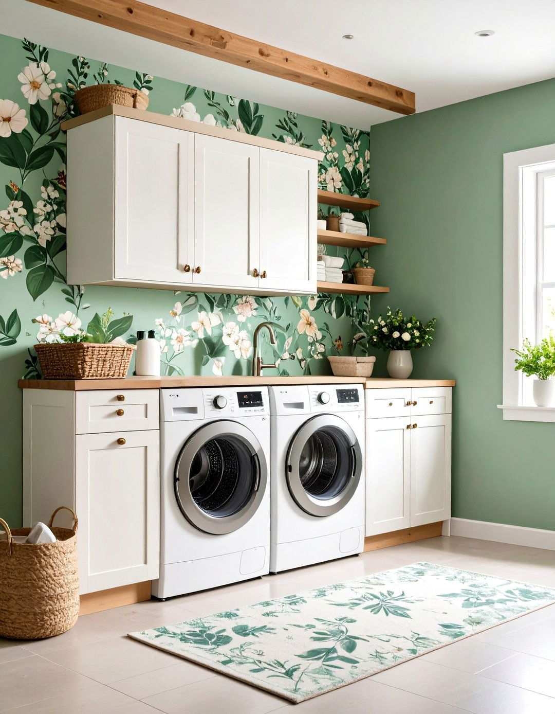 Sage Green Floral Wallpaper Design - 24 Sage Green Laundry Room Ideas