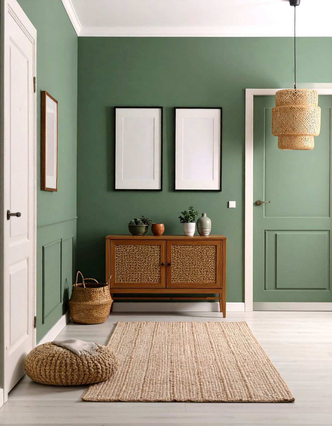 Sage Green Hallway with Gallery Wall - 24 Sage Green Paint Color Ideas