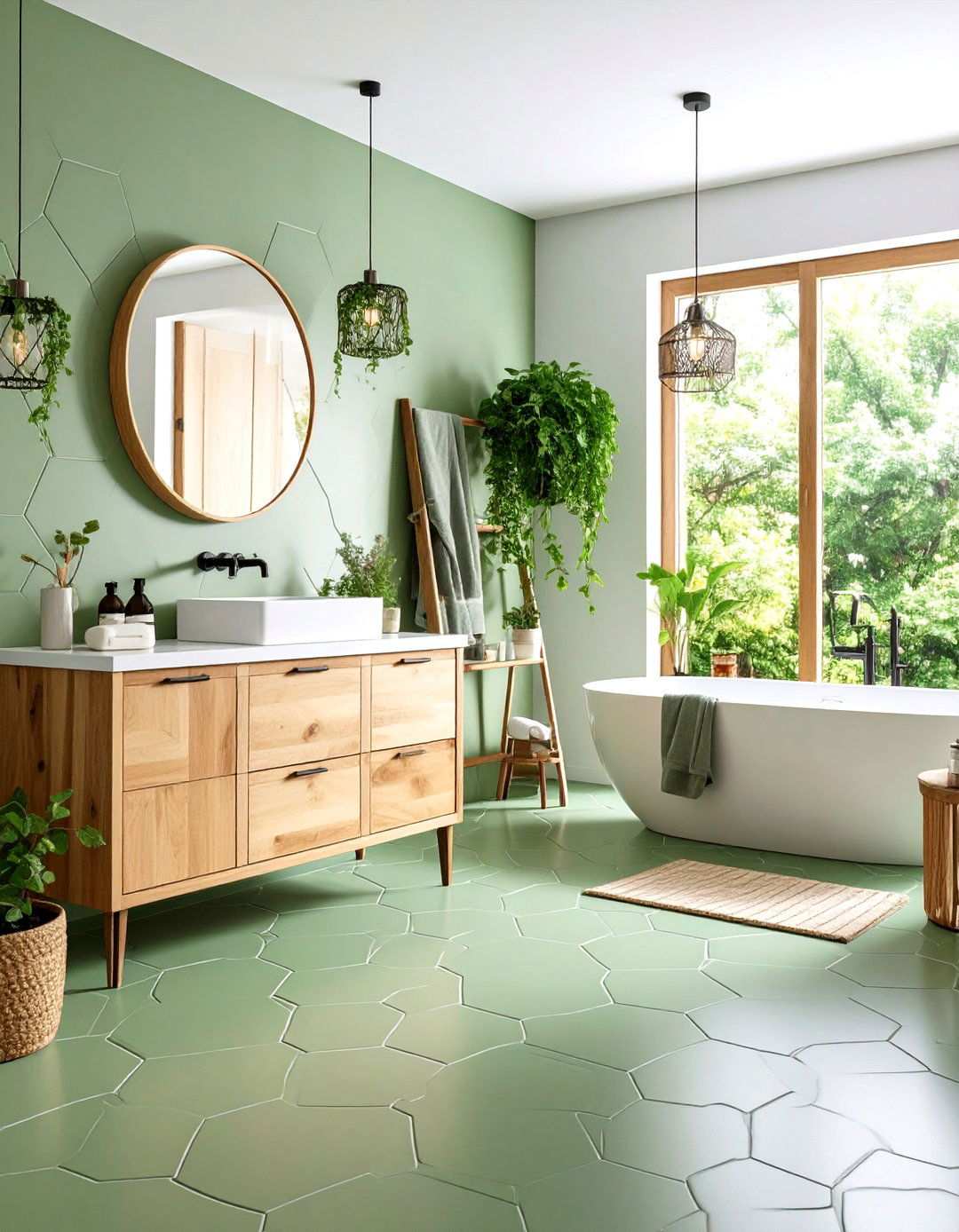 Sage Green Hexagonal Floor Tiles in Bathrooms - 24 Sage Green Decor Ideas