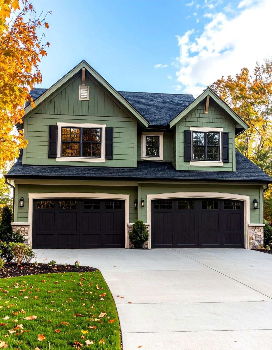 Sage Green House With Coordinated Black Garage Doors - 24 Sage Green House With Black Trim Ideas